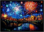 Nowy Rok, Miasto, Noc, Rzeka, Oświetlone, Domy, Kolorowe, Fajerwerki, Grafika