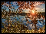 Kanada, Nowy Brunszwik, Jezioro, Promienie słońca, Drzewa