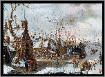 Malarstwo, Obraz, Salomon Rombouts, Targ, Ludzie, Kościół, Zima