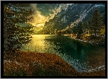 Austria, Gosau, Powiat Gmunden, Obszar Salzkammergut, Góry Dachstein, Jezioro Gosauseen, Zachód słońca, Lasy, Drzewa