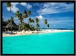 Malediwy, Ocean, Morze, Palmy, Plaża, Domki, Chmury