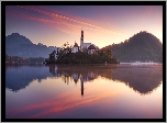 Słowenia, Wyspa Bled, Jezioro Bled, Góry, Kościół, Odbicie