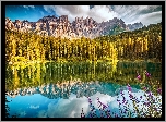 Włochy, Góry, Dolomity, Jezioro Karersee, Las, Drzewa, Chmury, Odbicie