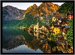 Austria, Hallstatt, Góry, Jezioro, Domy, Kościół, Drzewa, Odbicie
