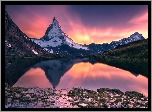 Szwajcaria, Góry Alpy Zachodnie, Szczyt Matterhorn, Jezioro, Zachód słońca, Odbicie