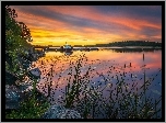 Jezioro, Łódki, Przystań, Kamienie, Lasy, Zachód, Słońca