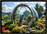 Ogród, Szklana, Kopuła, Siedząca, Papuga, Ara, Donica, Kwiaty, Kamienie