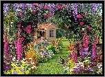 Ogród, Kwiaty, Kot, Grafika, Komputerowa