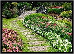 Ogród, Ścieżka, Kwiaty, Mostek