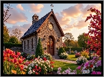 Kościół, Ogród, Kwiaty, Tulipany, Drzewa