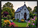 Kaplica, Kościół, Kwiaty, Ogród, Drzewa, Grafika AI