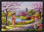 Ogród, Japonka, Kobieta, Rzeka, Most, Kwiaty
