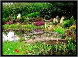 Ogród, Kwiaty, Zieleń, Mostek, Woda
