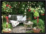 Ogródek, Róże, Stolik, Ławeczka