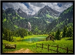 Góry, Drzewa, Las, Jezioro, Lauenensee, Ogrodzenie, Chmury, Region Gstaad, Kanton Berno, Szwajcaria