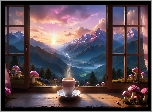 Okno, Grzyby, Filiżanka, Góry, Drzewa, Wschód słońca, Chmury, 2D