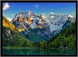 Ośnieżone, Góry, Las, Drzewa, Jezioro