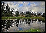 Ośnieżone, Góry, Staw, Drzewa, Chmury