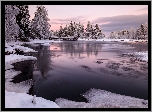 Zima, Ośnieżone, Drzewa, Most, Rzeka Oulujoki, Oulu, Finlandia