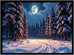 Zima, Noc, Księżyc, Ośnieżone, Drzewa, Zaśnieżona, Droga