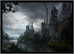 Rzeka, Budynki, Fabryka, Przemysł, Kominy, Niebo, Chmury, Matte Painting