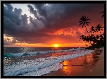 Ocean, Zachód słońca, Palmy, Niebo, Plaża, Grafika