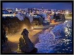 Albufeira, Panorama, Miasta, Morze, Wybrzeże, Skały, Noc