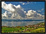 Panorama, Miasteczka, Neuchatel, Jezioro, Łąki