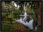 Park, Staw, Fontanna, Ławka, Drzewa