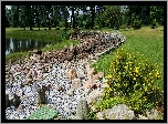 Park, Staw, Kamienie, Ławki, Kwiaty