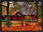 Park, Drzewa, Liście, Ławki, Budynek