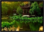 Staw, Park, Altanki, Drzewa, Liście Lotosu, Hangzhou, Chiny