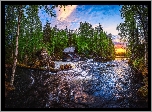 Park Narodowy Oulanka, Drewniany, Młyn Myllykoski, Laponia, Finlandia, Rzeka, Las, Drzewa, Wschód słońca