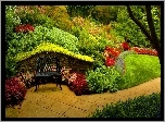 Park, Roślinność, Ławeczka, Kwiaty, Drzewa, Krzewy