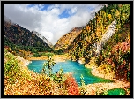 Chiny, Park Narodowy Jiuzhaigou, Jezioro, Góry, Wzgórza, Drzewa