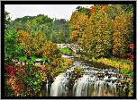 Park, Rzeka, Most, Wodospad, Drzewa, Jesień