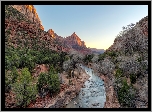 Park Narodowy Zion, Góry Watchman, Drzewa, Rzeka Virgin River, Stan Utah, Stany Zjednoczone