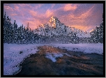Kanada, Park Narodowy Banff, Zima, Rzeka, Drzewa, Góry
