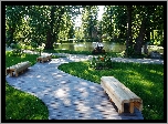 Park, Ścieżka, Ławeczki, Drzewa, Jeziorko, Zieleń