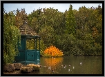 Park, Staw, Drzewa, Altana, Kamienie, Kaczki