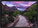 Park Narodowy Zion, Stan Utah, Rzeka, Kamienie, Drzewa, Góra Watchman, Rzeka Virgin River, Skały, Chmury, Zachód słońca, Stany Zjednoczone