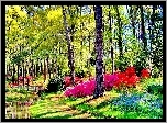 Park, Rzeczka, Mostek, Kwiaty, Różaneczniki, Wiosna