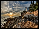 Park Narodowy Acadia, Latarnia morska, Bass Harbor Head Light, Morze, Skały, Zachód słońca, Stan Maine, Stany Zjednoczone