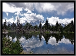Park Narodowy Grand Teton, Góry Teton Range, Rzeka Snake River, Las, Drzewa, Chmury, Odbicie, Stan Wyoming, Stany Zjednoczone