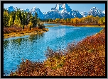 Park Narodowy Grand Teton, Rzeka, Snake River, Góry, Teton Range, Drzewa, Trawy, Jesień, Stan Wyoming, Stany Zjednoczone