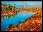 Park Narodowy Grand Teton, Rzeka, Snake River, Góry, Teton Range, Drzewa, Trawa, Jesień, Stan Wyoming, Stany Zjednoczone