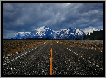 Stany Zjednoczone, Wyoming, Park Narodowy Grand Teton, Góry Teton Range, Trawa, Droga, Chmury