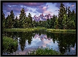 Park Narodowy Grand Teton, Rzeka Snake River, Góry Teton Range, Las, Drzewa, Ciemne, Chmury, Odbicie, Stan Wyoming, Stany Zjednoczone