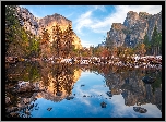 Park Narodowy Yosemite, Góra El Capitan, Jesień, Drzewa, Odbicie, Rzeka, Merced River, Śnieg, Stan Kalifornia, Stany Zjednoczone
