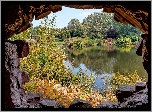 Park, Krzewy, Rzeka, Mur